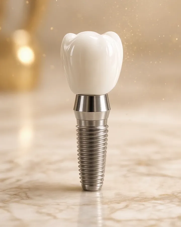 Illustration of a dental implant post with a white crown on a marble surface with soft gold light