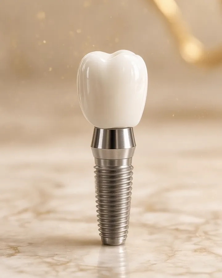 Illustration of a dental implant with a white porcelain crown on an ivory marble surface